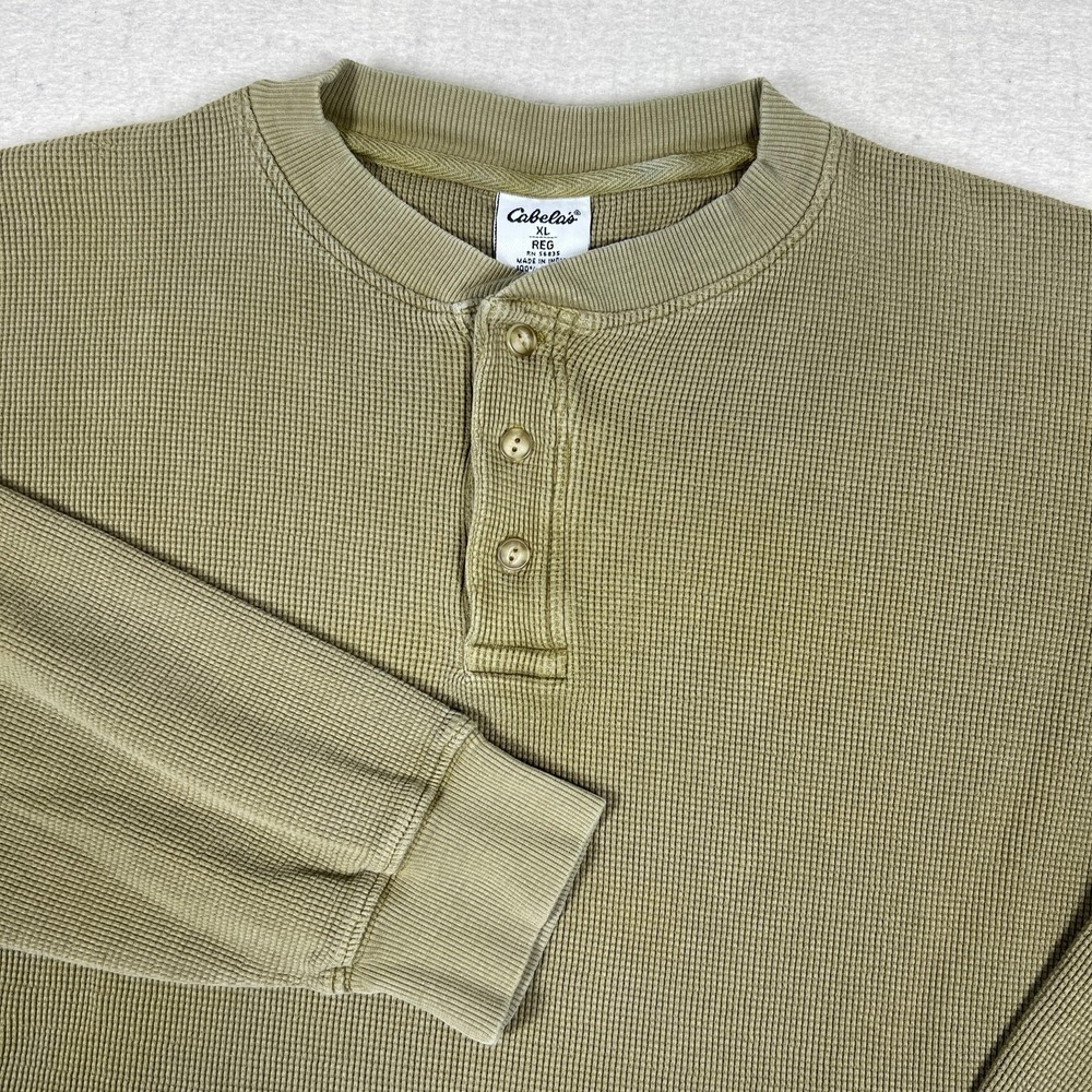 Y2K Cabela's Thermal Waffle Knit Henley‎ Shirt Mens XL Olive Green Boxy